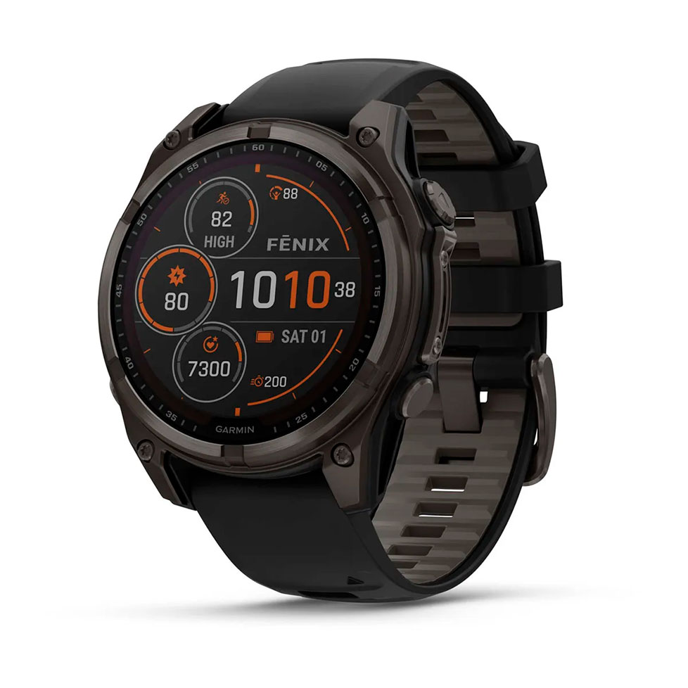 Garmin fenix 8 – 47мм, Solar Sapphire, Carbon Grey DLC Titanium з Black/Pebble Grey чорним силіконовим ремінцем